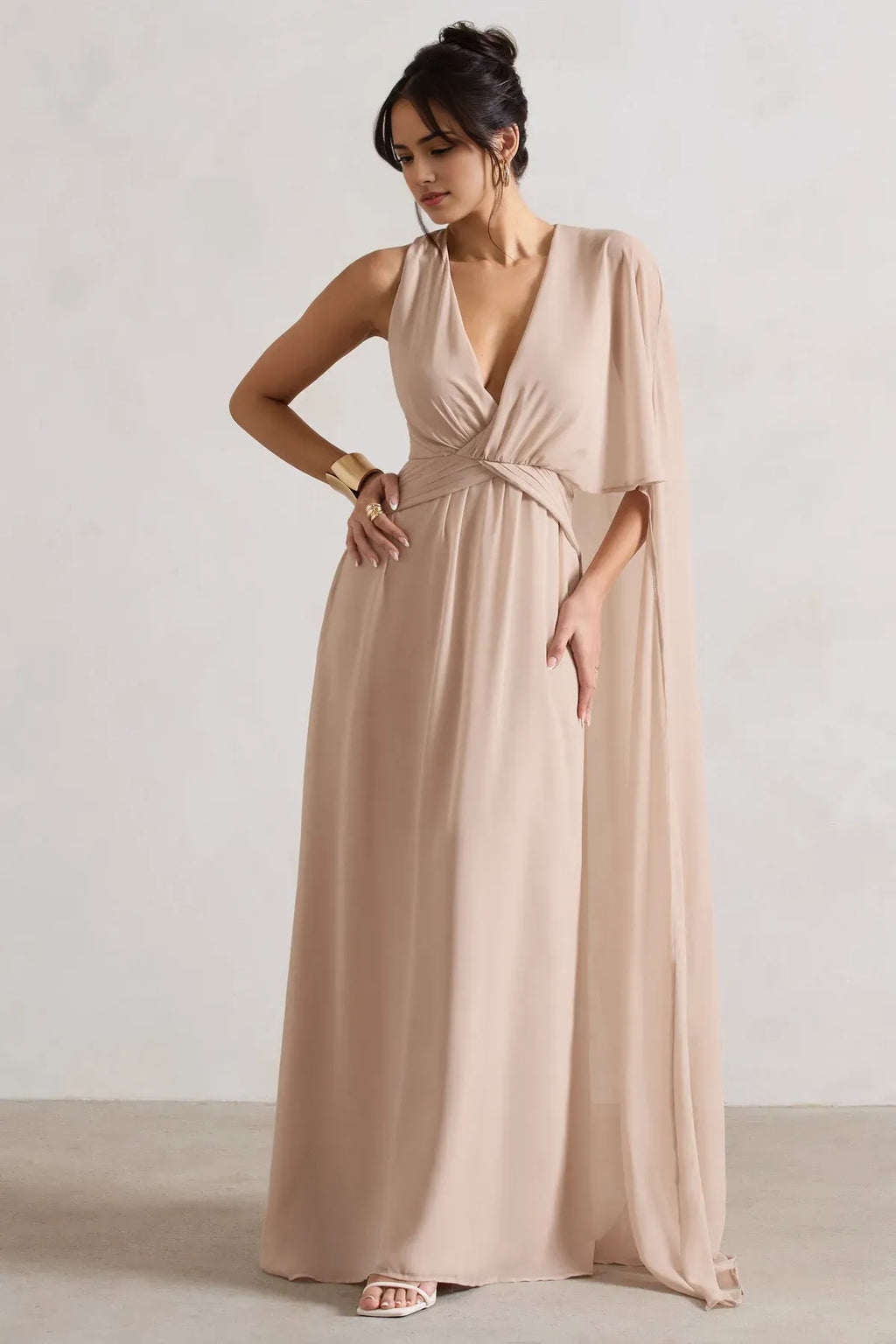 Blush Pink Prom Gown Deep V - Neck Cross Wrap Waist Asymmetric Cape Sleeve A Fusion of Grace and Drama for Formal Galas
