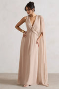 Blush Pink Prom Gown Deep V - Neck Cross Wrap Waist Asymmetric Cape Sleeve A Fusion of Grace and Drama for Formal Galas
