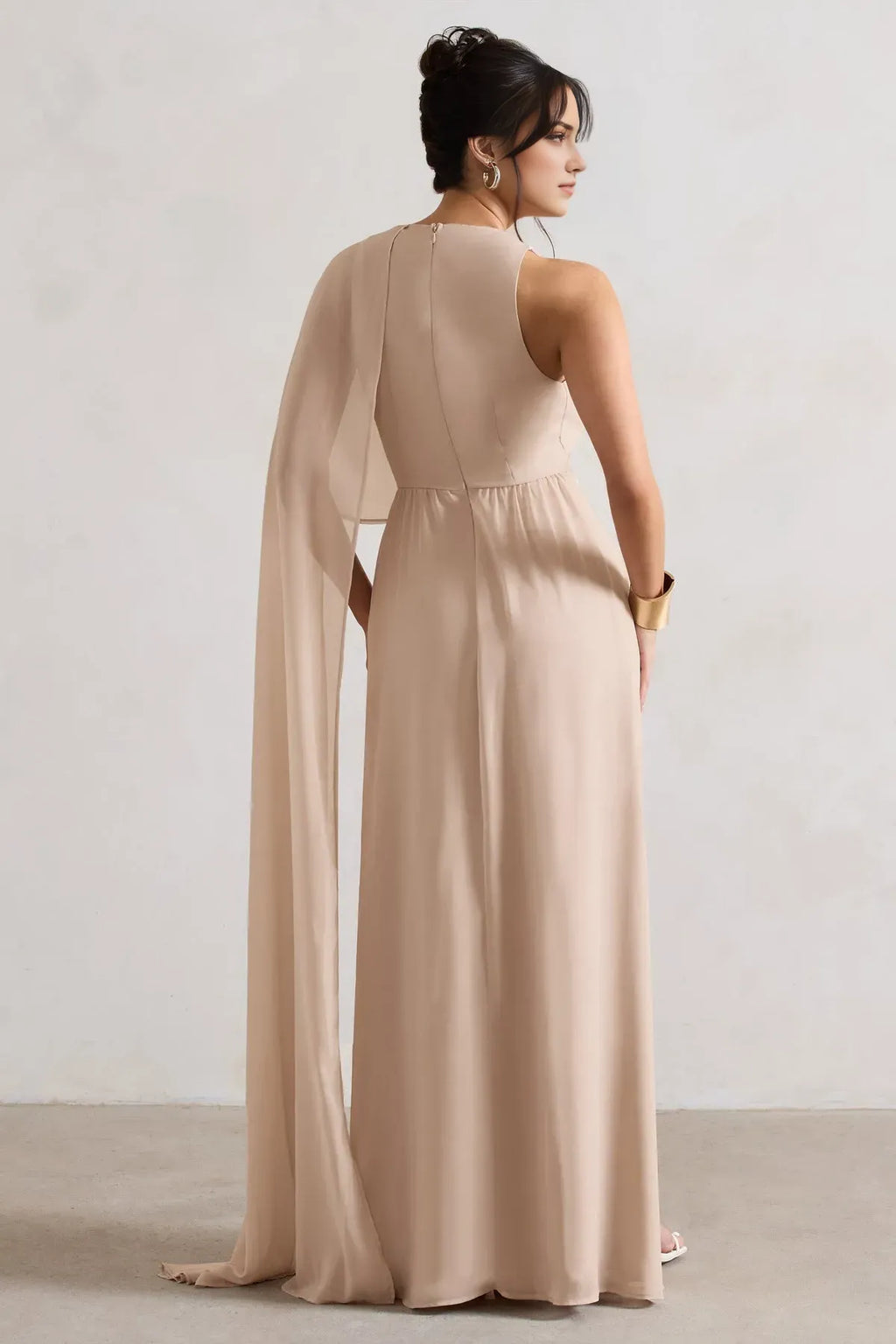 Blush Pink Prom Gown Deep V - Neck Cross Wrap Waist Asymmetric Cape Sleeve A Fusion of Grace and Drama for Formal Galas