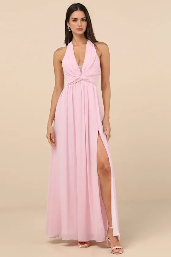 Blush Pink Halter Neck Evening Gown with Twisted Plunging V Neck High Side Slit Hot Sale Long