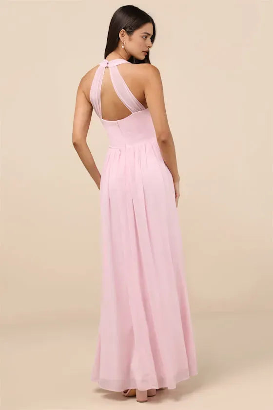 Blush Pink Halter Neck Evening Gown with Twisted Plunging V Neck High Side Slit Hot Sale Long