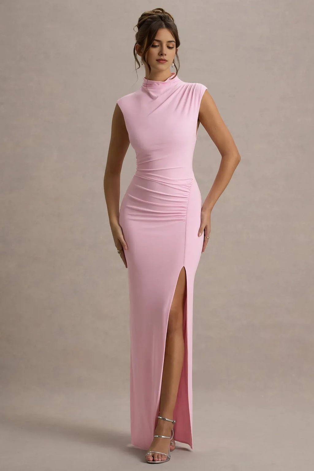 Blush Pink High Neck Ruched Prom Dresses with Side Slit A Perfect Blend of Sophistication and Allure for Memorable Evenings