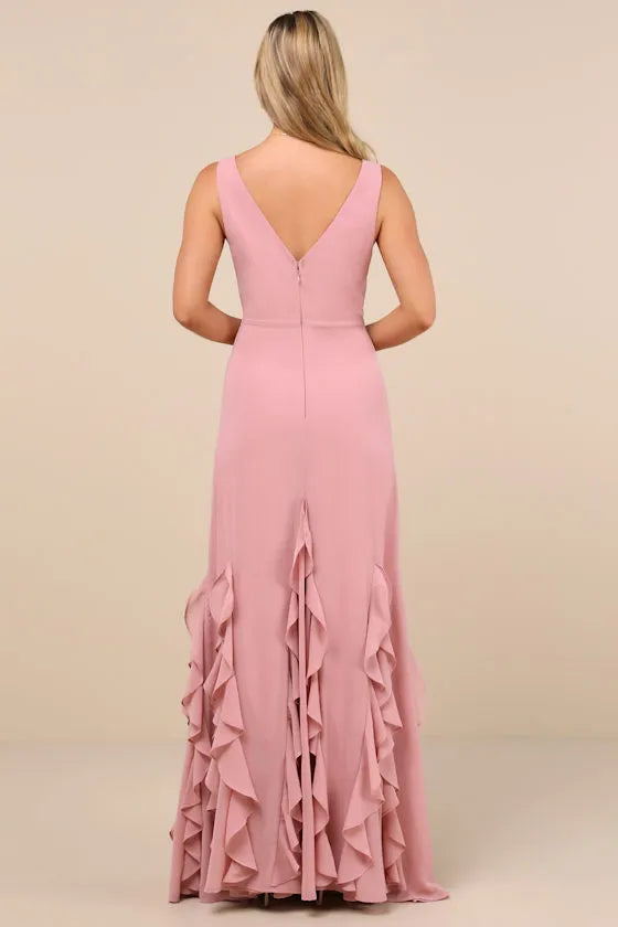 Blush Pink Prom Dress with Plunging V Neckline Figure Hugging Fit and Tiered Ruffle Hem for Formal Occasions