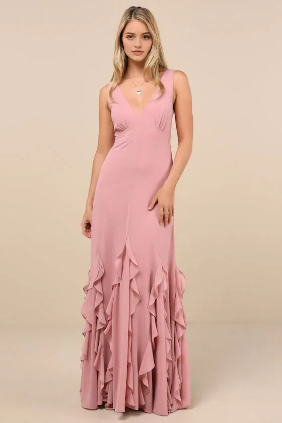 Blush Pink Prom Dress with Plunging V Neckline Figure Hugging Fit and Tiered Ruffle Hem for Formal Occasions