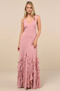 Blush Pink Prom Dress with Plunging V Neckline Figure Hugging Fit and Tiered Ruffle Hem for Formal Occasions