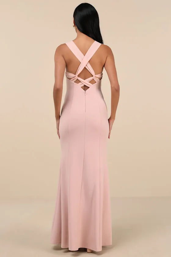 Blush Pink Mermaid Evening Dresses with Square Neckline Sleeveless Design High Side Slit