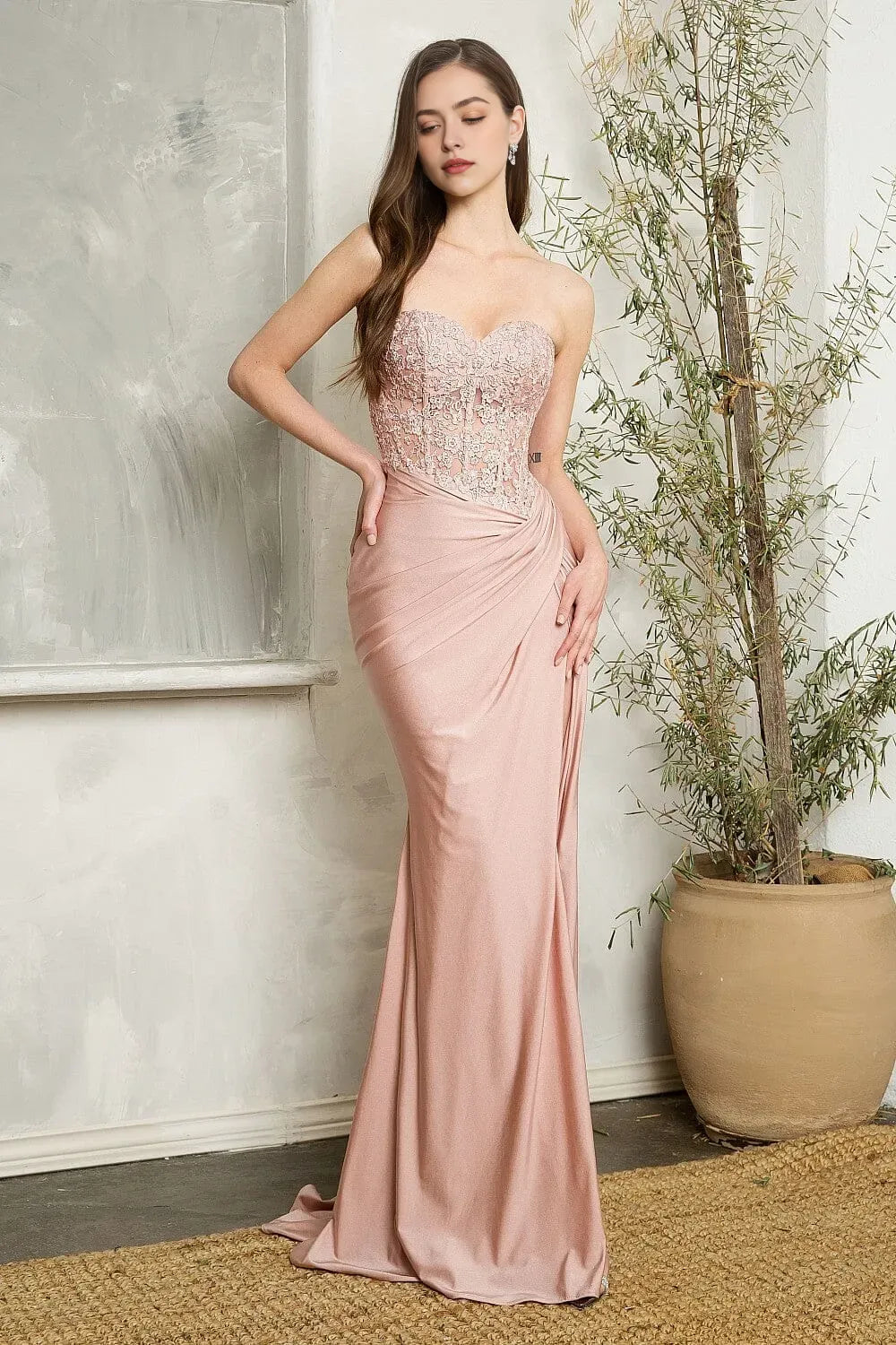 Blush Pink Mermaid Prom Dress with Strapless Bodice and Draped Skirt Details