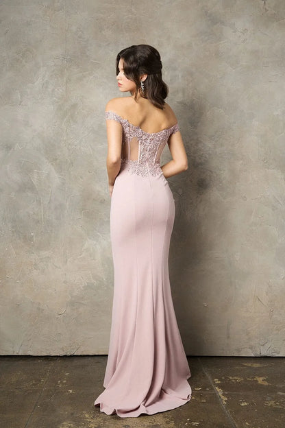 Elegant Pink Lace A-Line Classic-Neck Classic-Sleeve Classic-Back Floor-Length Prom Dress