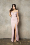 Blush Pink Off Shoulder Prom Dress with Bodice and High Side Slit for Formal Occasions