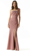 Blush Pink One - Shoulder Evening Dresses with Bow Accent Mermaid Silhouette and High Side Slit for Formal Galas and Special Occasions