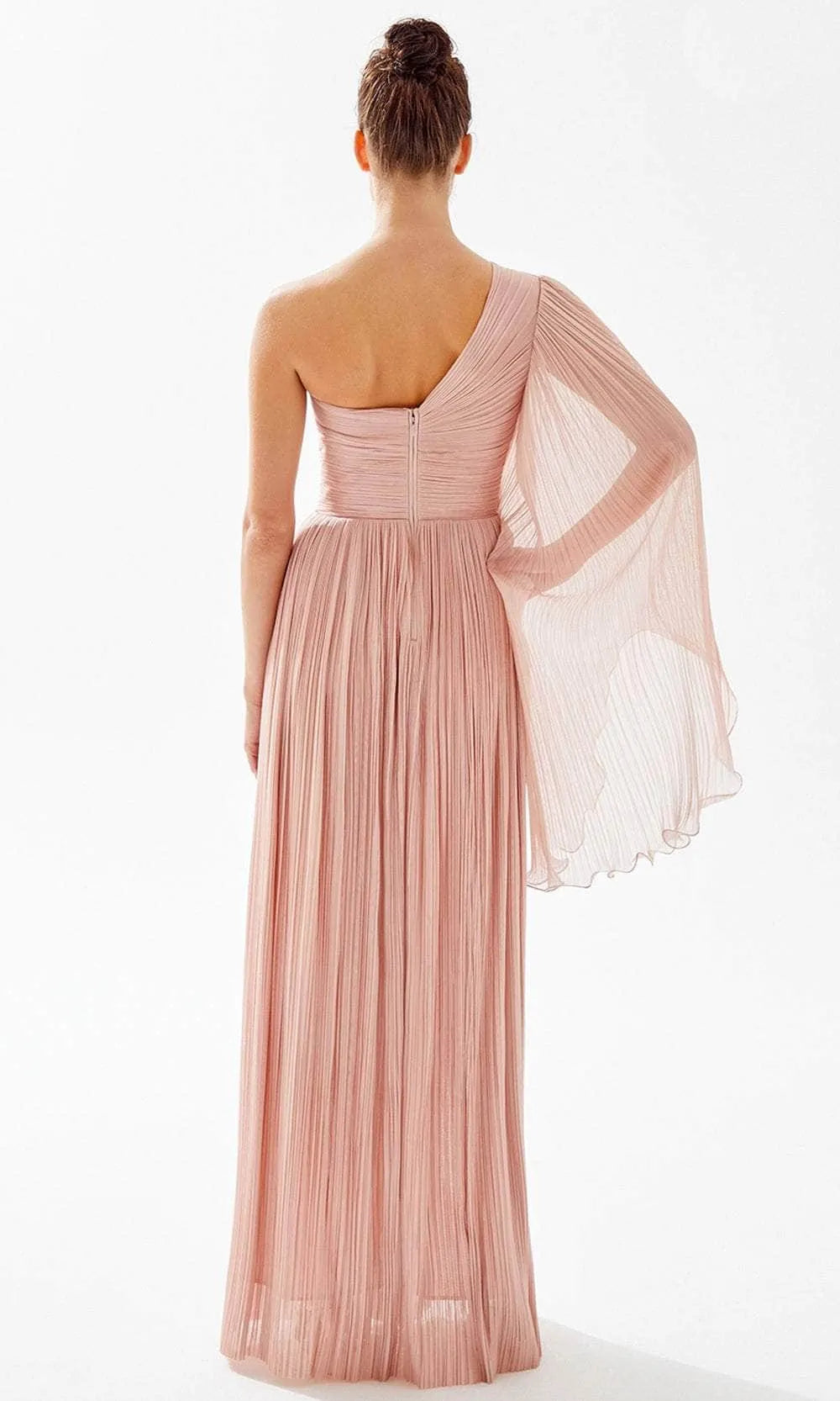 Blush Pink One - Shoulder Evening Gown featuring Pleated Design Asymmetric Flowy Sleeve Crossover Bodice and Side Slit to Elevate Your Night