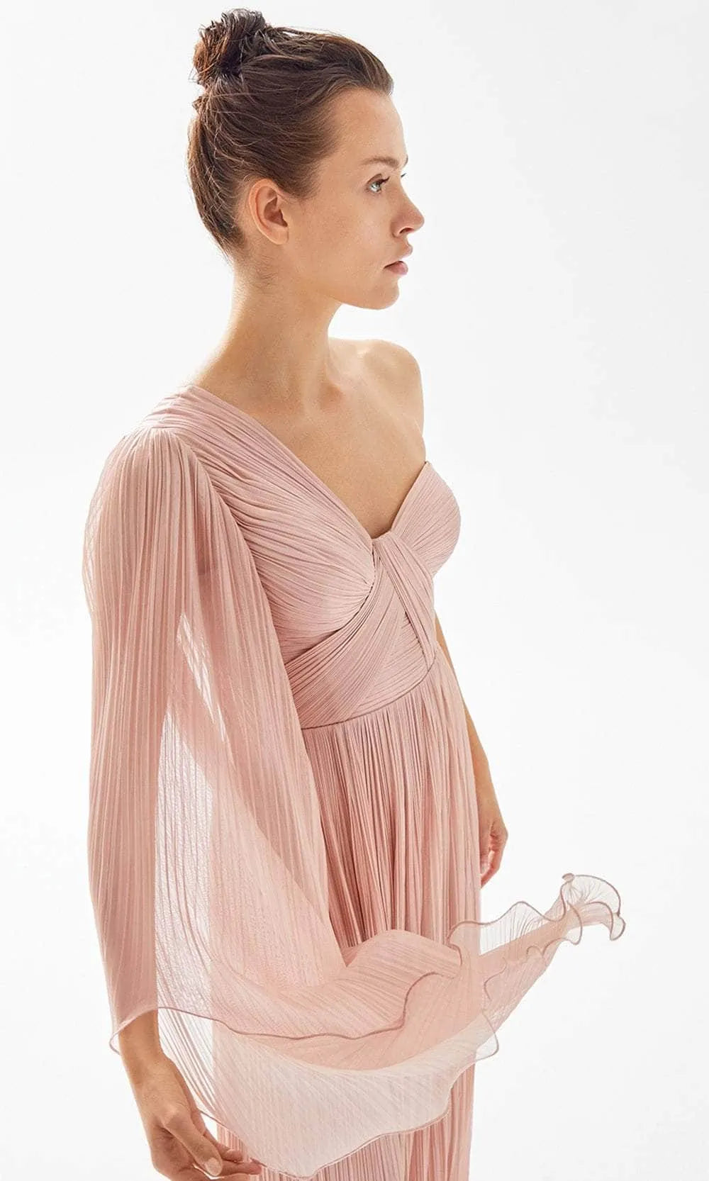 Blush Pink One - Shoulder Evening Gown featuring Pleated Design Asymmetric Flowy Sleeve Crossover Bodice and Side Slit to Elevate Your Night