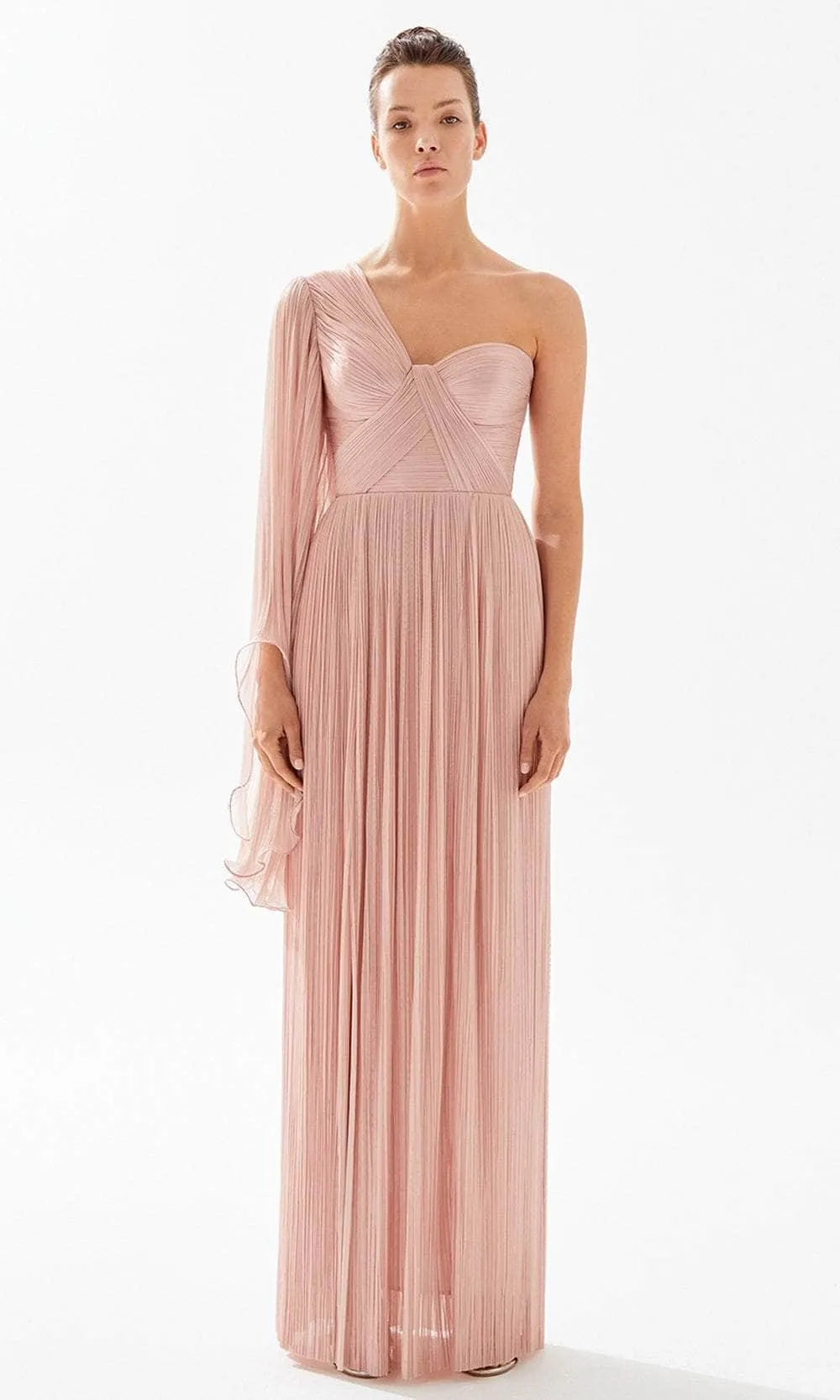 Blush Pink One - Shoulder Evening Gown featuring Pleated Design Asymmetric Flowy Sleeve Crossover Bodice and Side Slit to Elevate Your Night