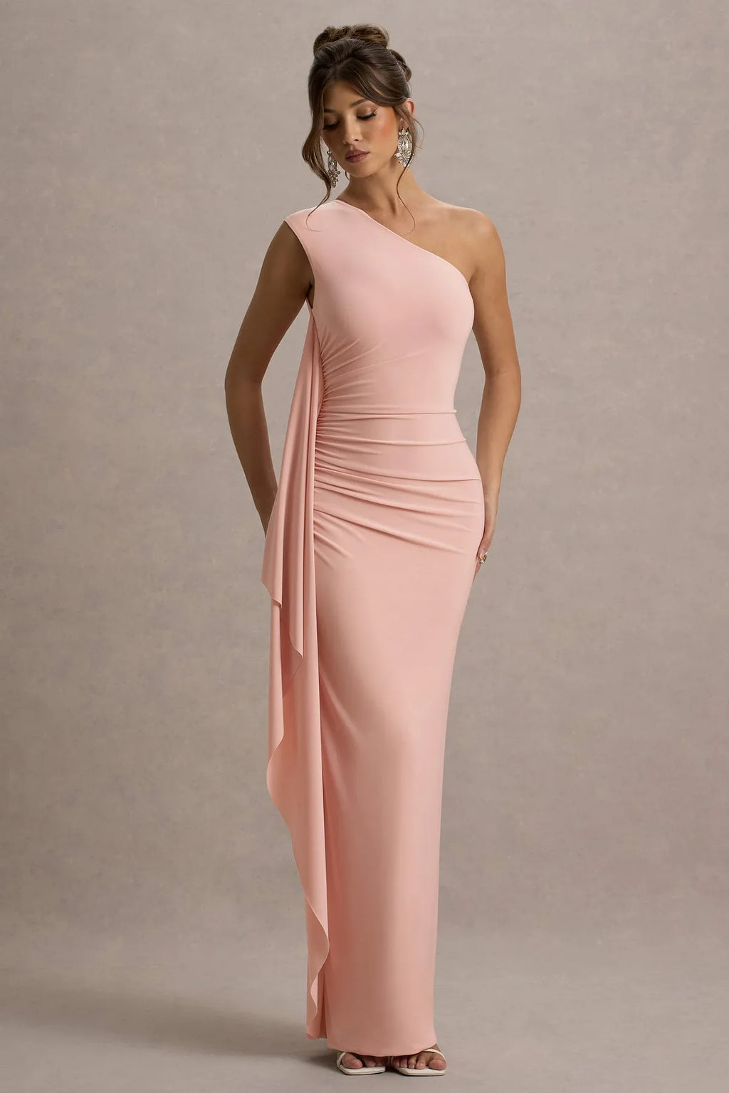 Blush Pink One - ShoulderProm Dresses Ruched Bodice Draped Asymmetric Detail Floor Length Silhouette A Fusion of Romance