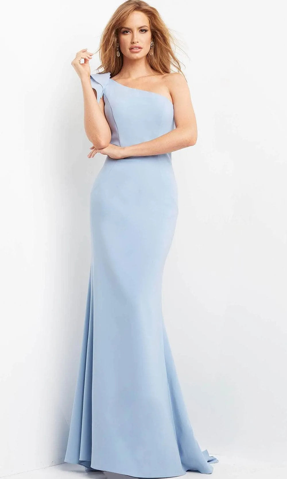 Light Blue One Shoulder Mermaid Evening Gown with Bow Detail Ideal for Formal Galas