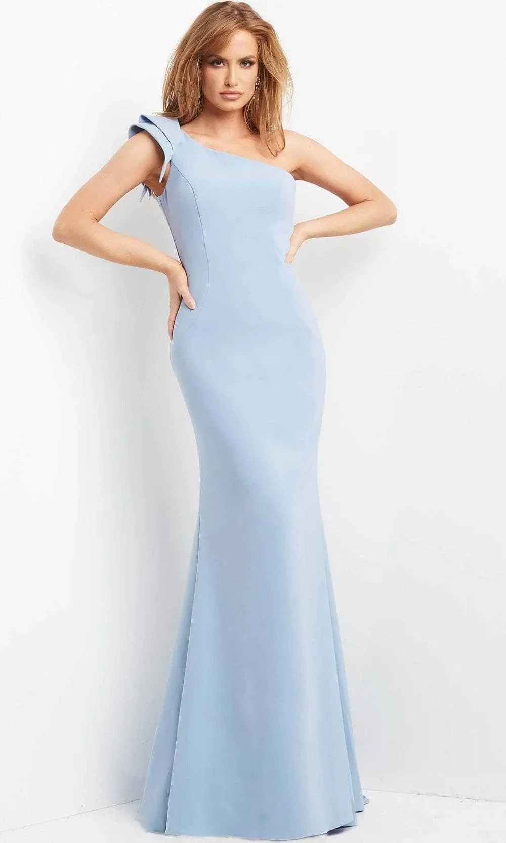 Light Blue One Shoulder Mermaid Evening Gown with Bow Detail Ideal for Formal Galas