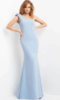 Light Blue One Shoulder Mermaid Evening Gown with Bow Detail Ideal for Formal Galas