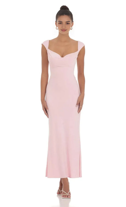 Elegant Pink Bodycon Sweetheart Cap-Sleeve Classic-Back Floor-Length Prom Dress