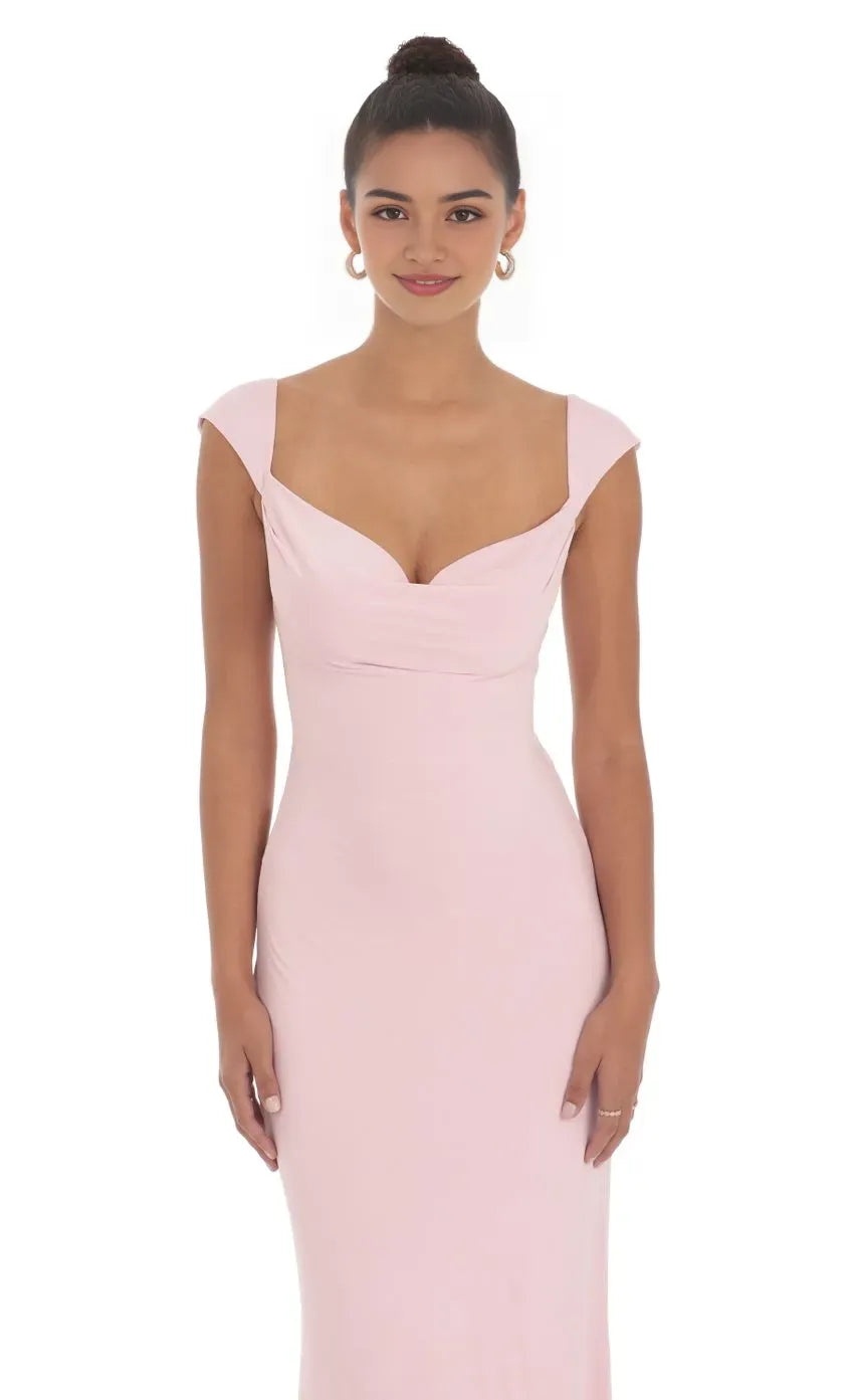 Blush Pink Prom Dress with Cap Sleeves Sweetheart Neckline Bodycon Fit Perfect for Retro Inspired Prom Nights