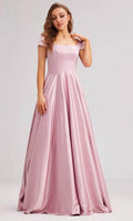 Blush Pink Evening Gown with Off Shoulder Short Sleeves Square Neckline and Flared Maxi Skirt Ideal for Proms Formal Galas and Black Tie Events