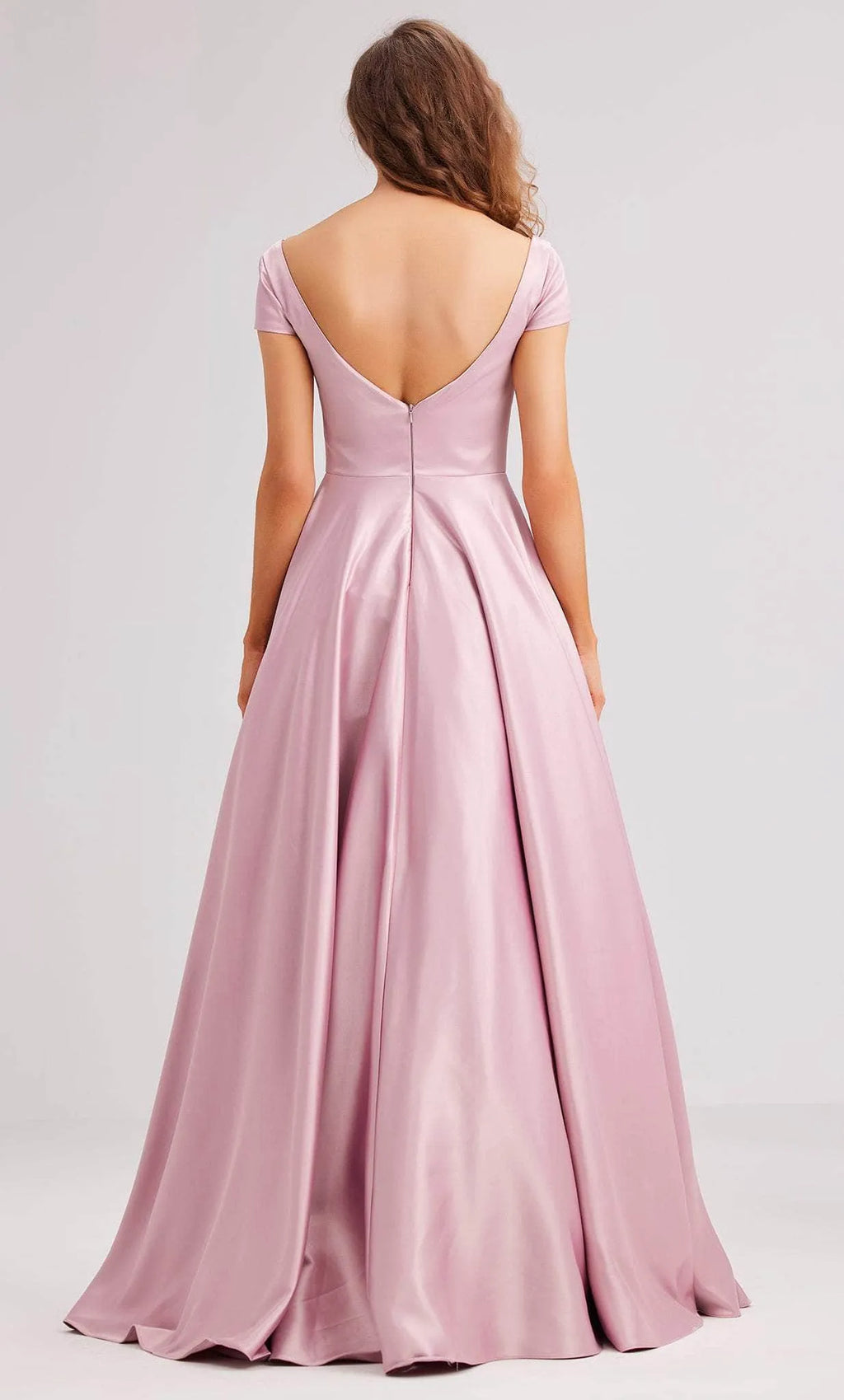 Blush Pink Evening Gown with Off Shoulder Short Sleeves Square Neckline and Flared Maxi Skirt Ideal for Proms Formal Galas and Black Tie Events