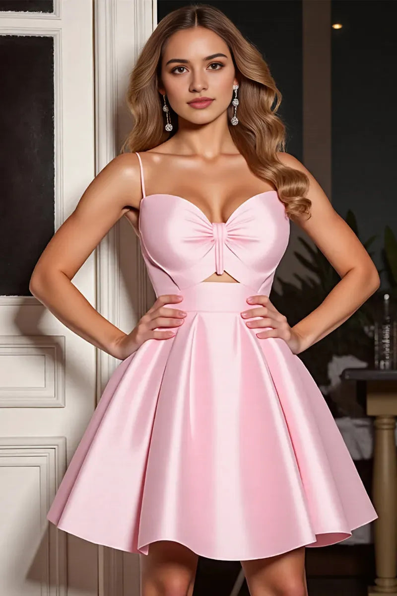 Blush Pink Homecoming Dress with Bow Detail and Cut - Out