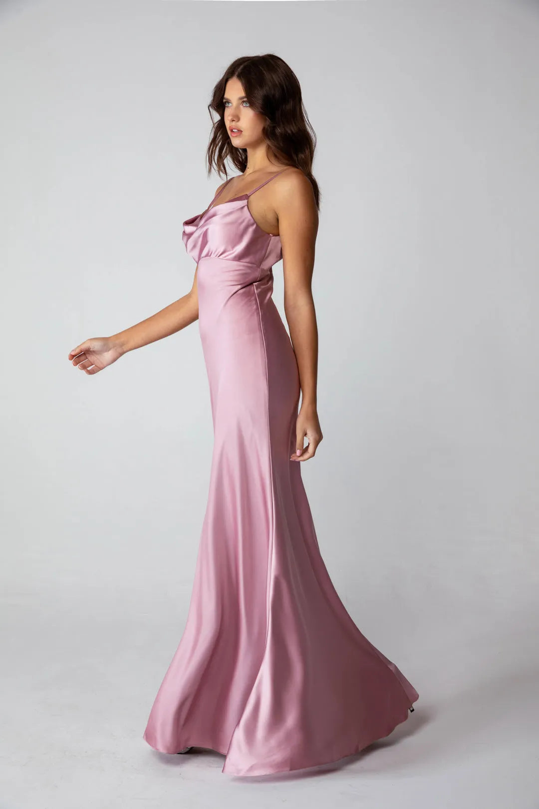 Blush Pink Mermaid Style Prom Dress with Cowl Neckline and Floor Length Silhouette for Formal Galas