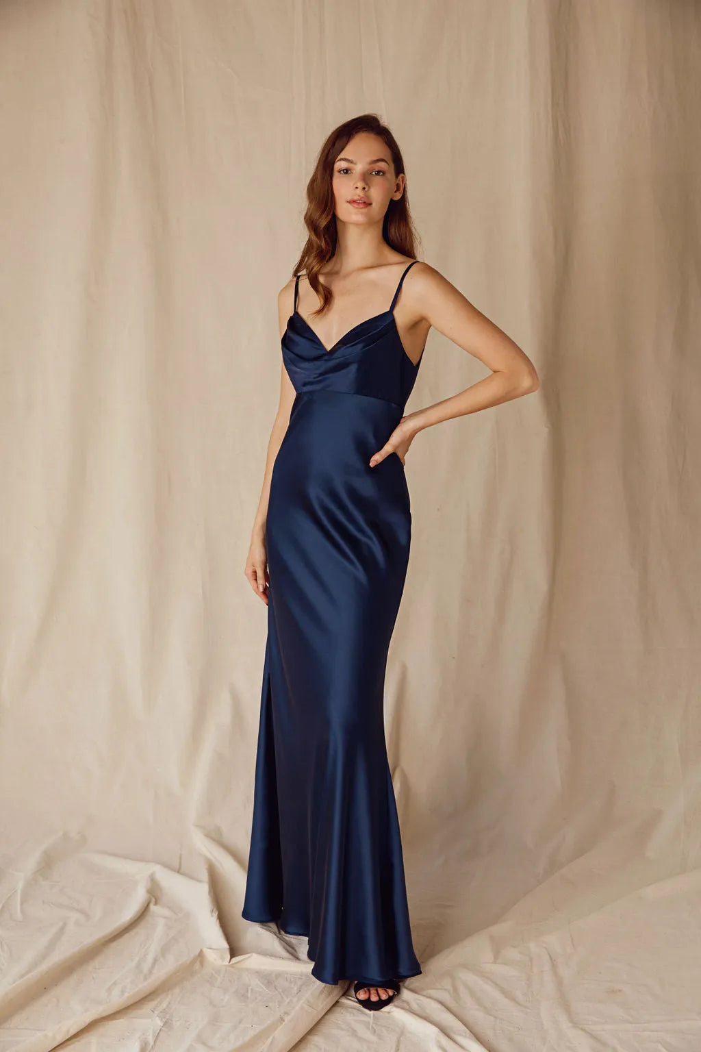 Blush Pink Mermaid Style Prom Dress with Cowl Neckline and Floor Length Silhouette for Formal Galas