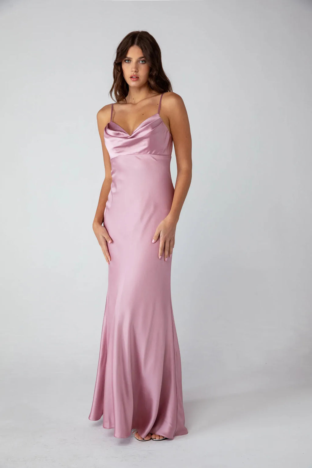 Blush Pink Mermaid Style Prom Dress with Cowl Neckline and Floor Length Silhouette for Formal Galas