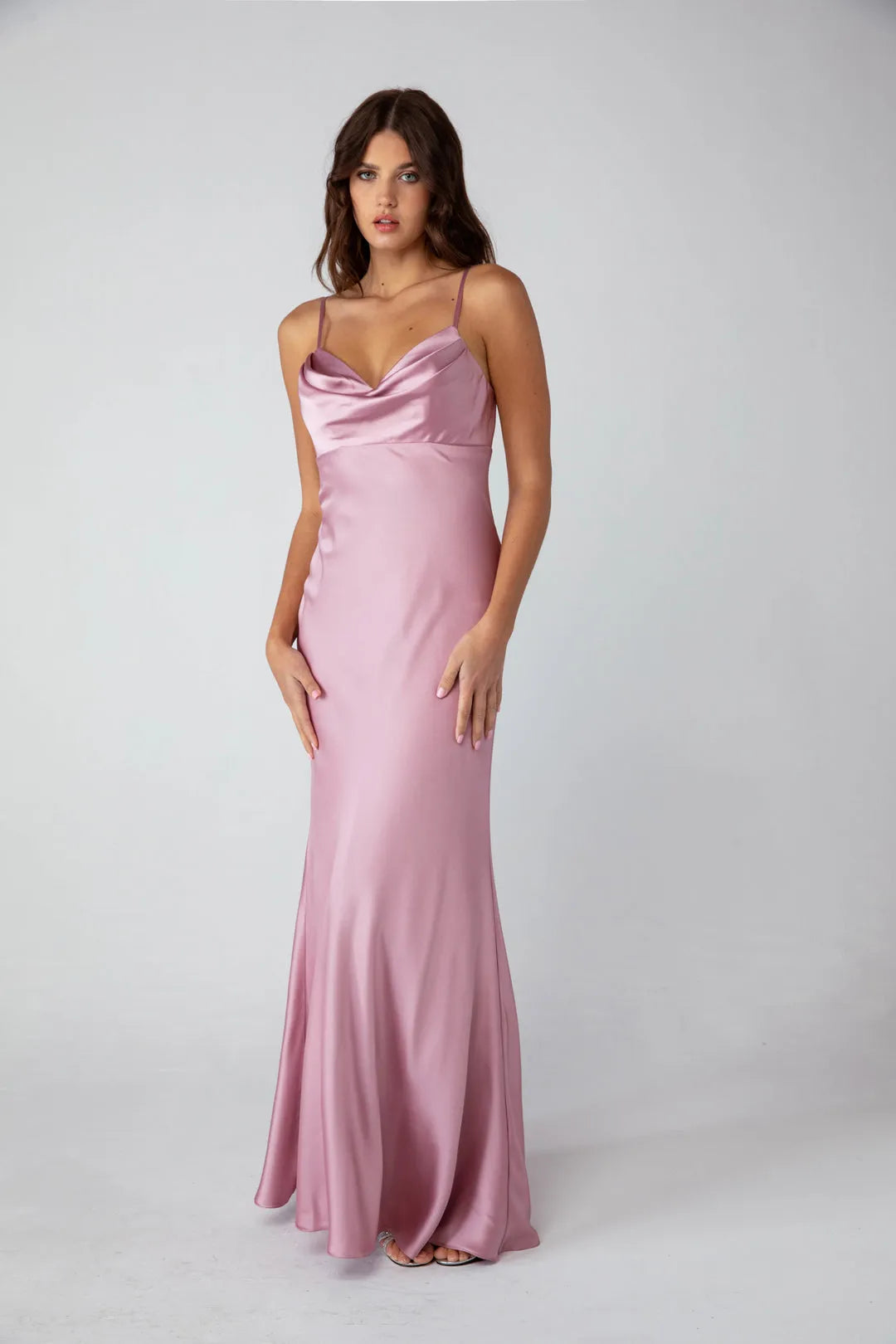 Blush Pink Mermaid Style Prom Dress with Cowl Neckline and Floor Length Silhouette for Formal Galas