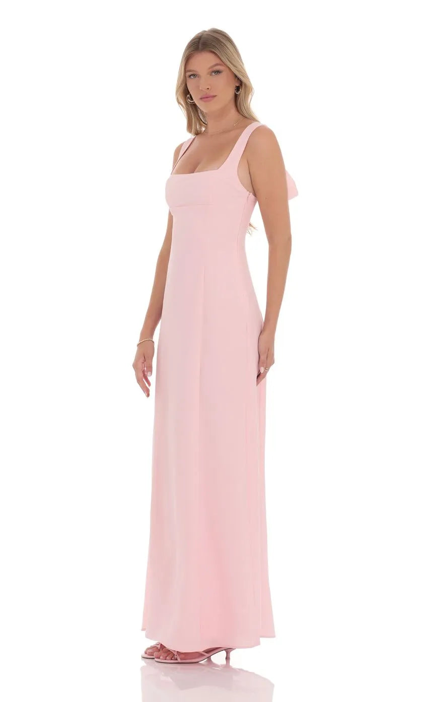 Blush Pink Square Neck Prom Dress with Bow Back Detail Perfect for Timeless Prom Nights