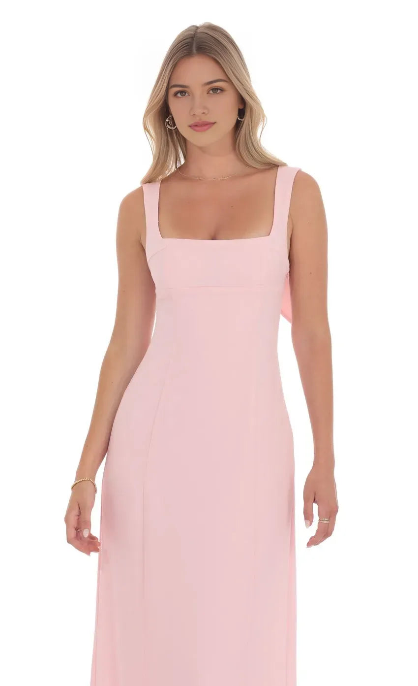 Blush Pink Square Neck Prom Dress with Bow Back Detail Perfect for Timeless Prom Nights