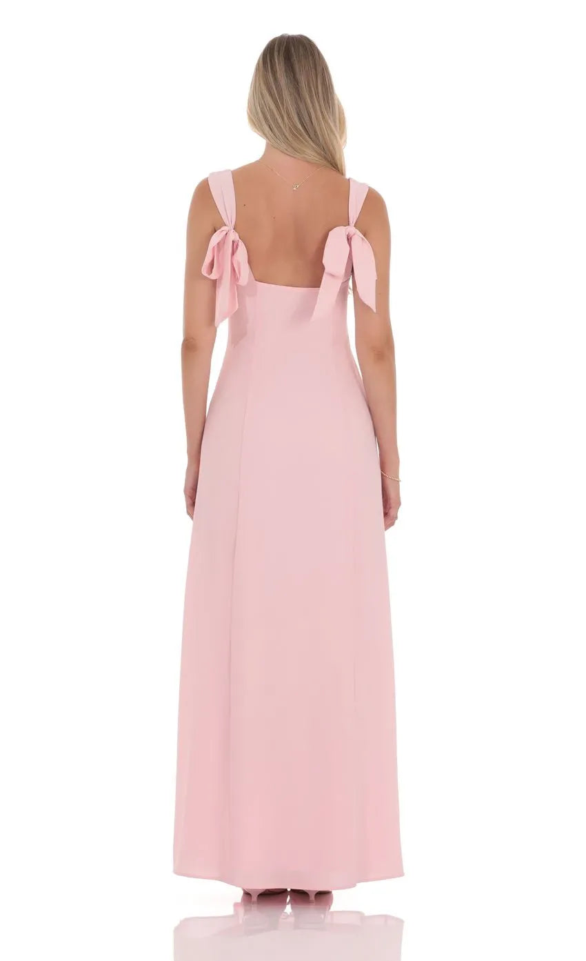 Blush Pink Square Neck Prom Dress with Bow Back Detail Perfect for Timeless Prom Nights