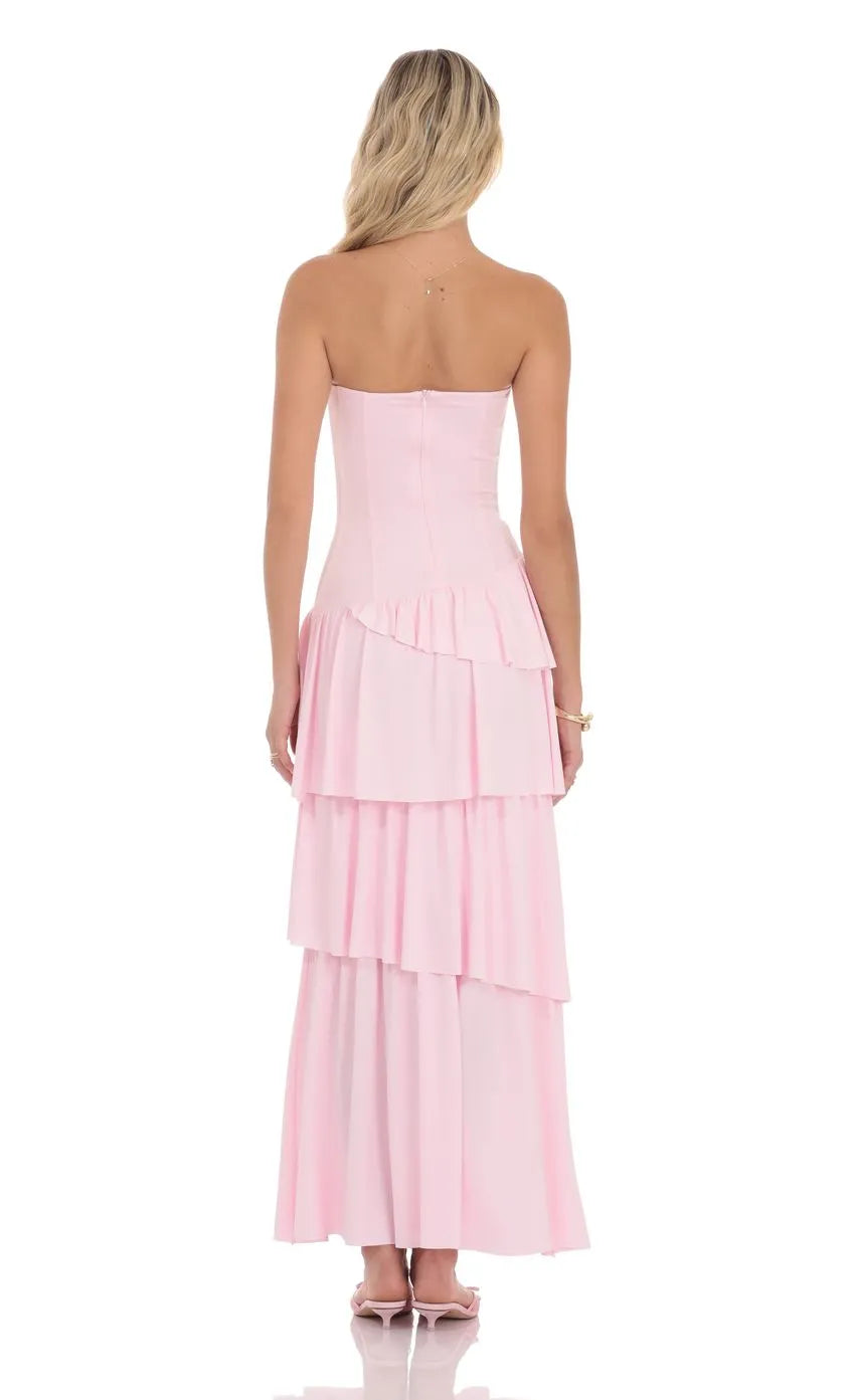 Blush Pink Strapless Prom Dress with Asymmetric Tiered Ruffle Skirt Corset Bodice Perfect for Romantic Prom Nights