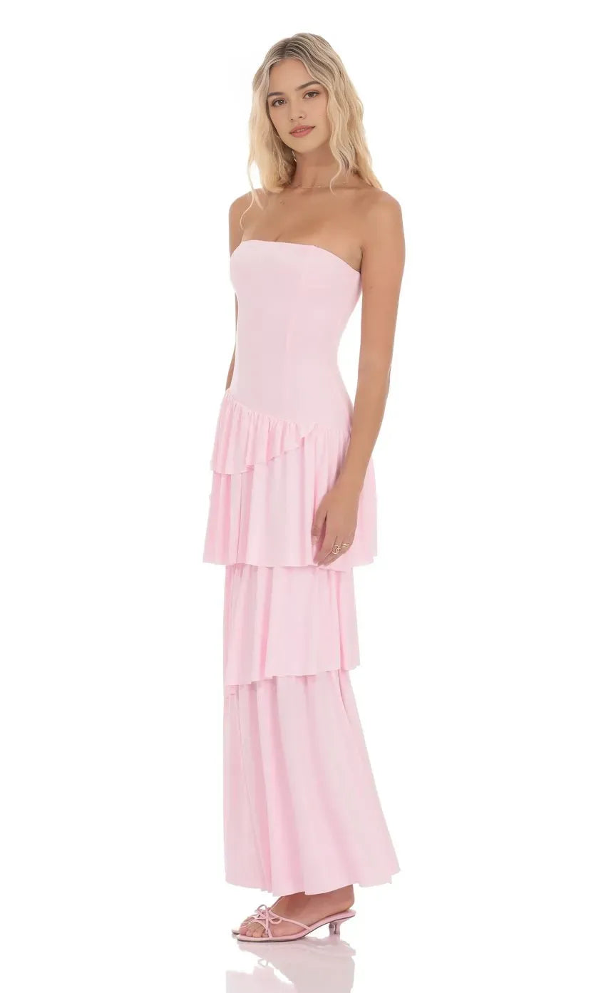 Blush Pink Strapless Prom Dress with Asymmetric Tiered Ruffle Skirt Corset Bodice Perfect for Romantic Prom Nights