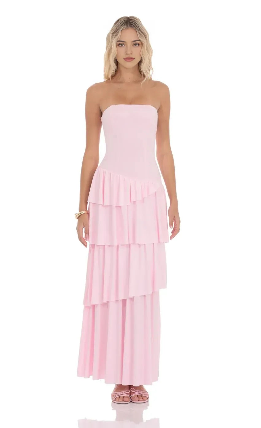 Blush Pink Strapless Prom Dress with Asymmetric Tiered Ruffle Skirt Corset Bodice Perfect for Romantic Prom Nights