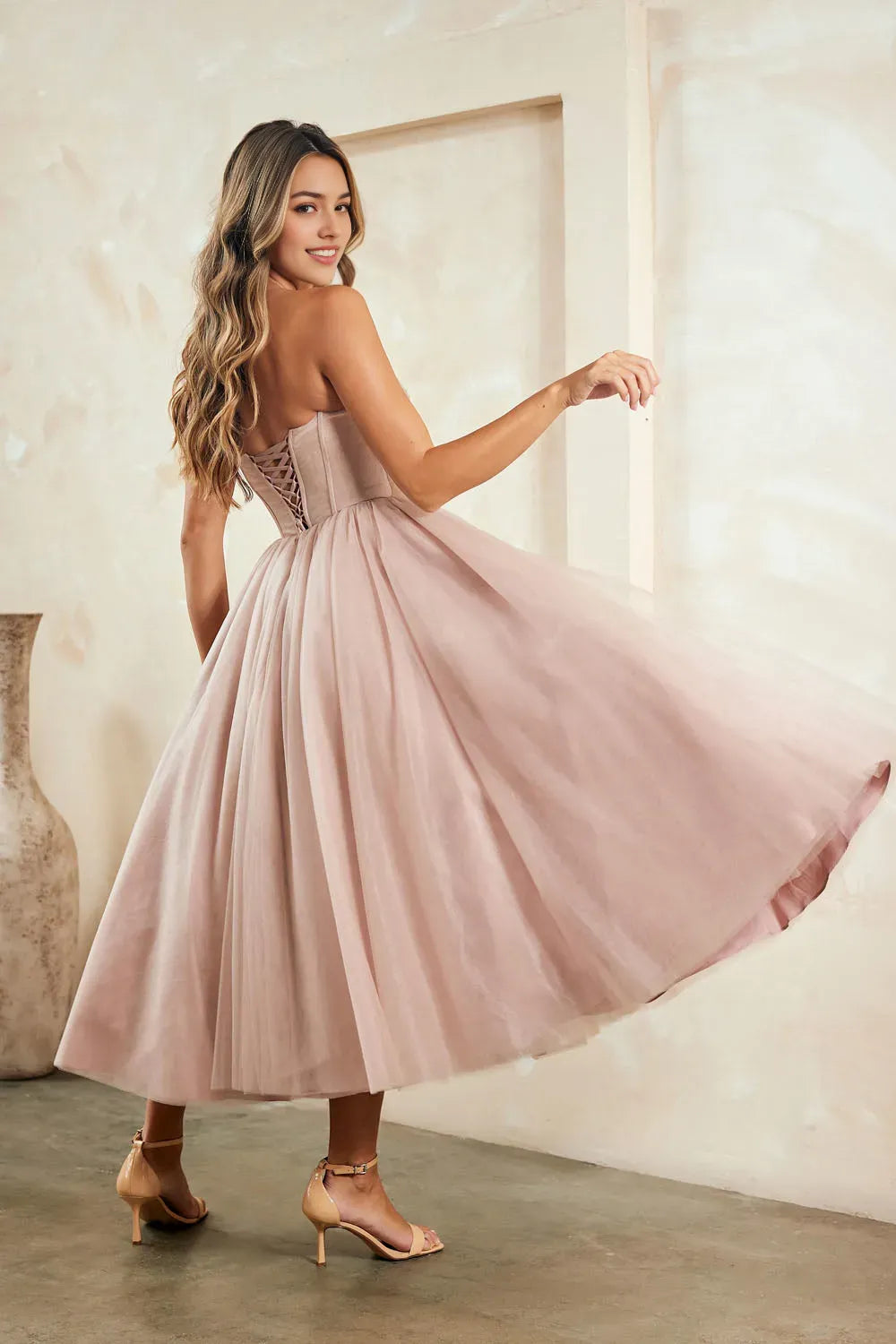 Blush Pink Strapless Midi Prom Dress with Corset Bodice for Formal Occasions