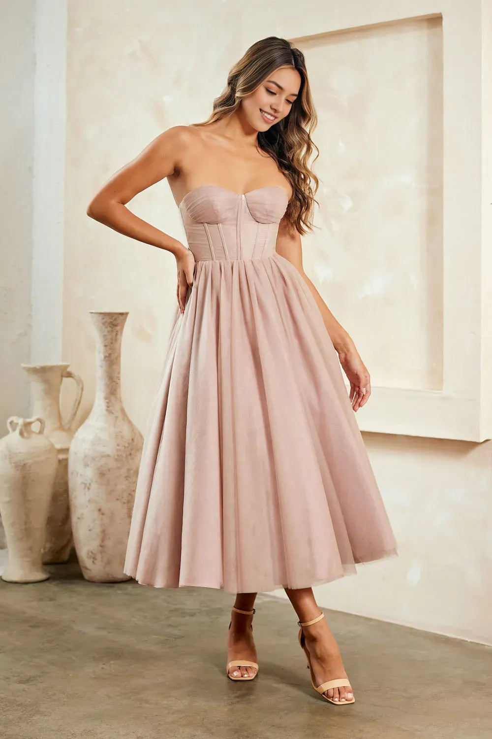 Blush Pink Strapless Midi Prom Dress with Corset Bodice for Formal Occasions