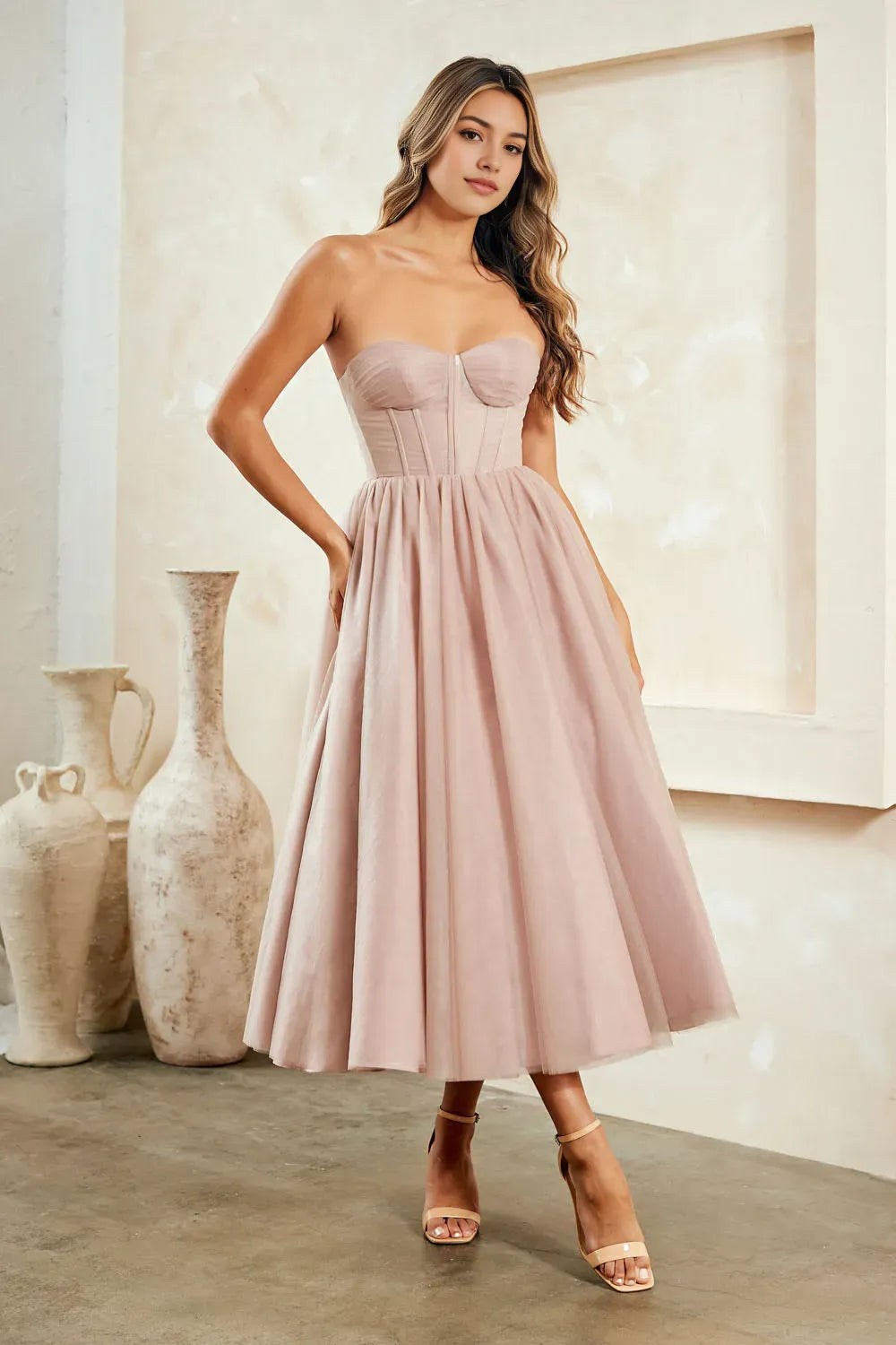 Blush Pink Strapless Midi Prom Dress with Corset Bodice for Formal Occasions