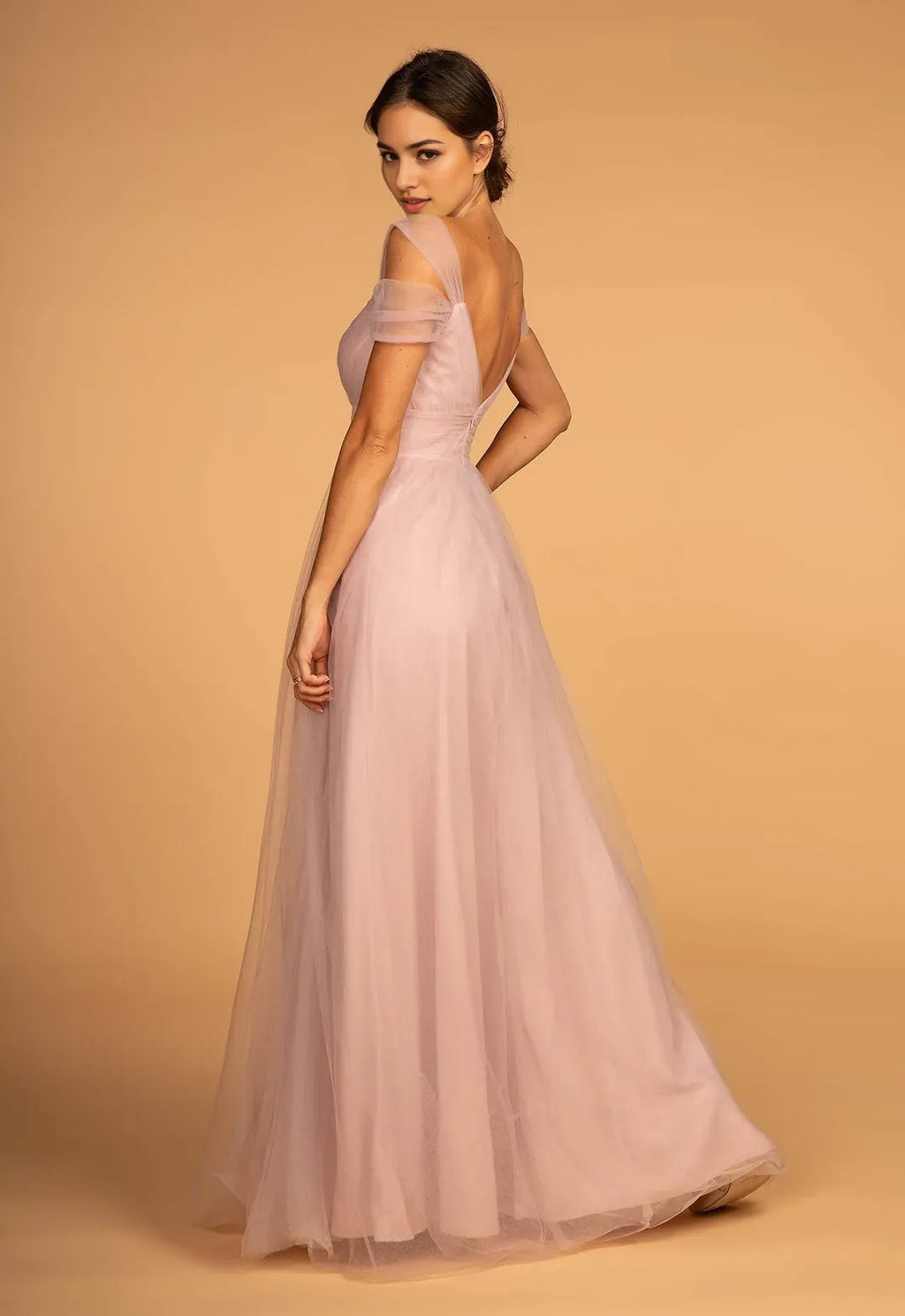 Blush Pink Prom Dress with Off Shoulder Sheer Sleeves Sweetheart Neckline Flowy A - Line Silhouette for Formal Occasions