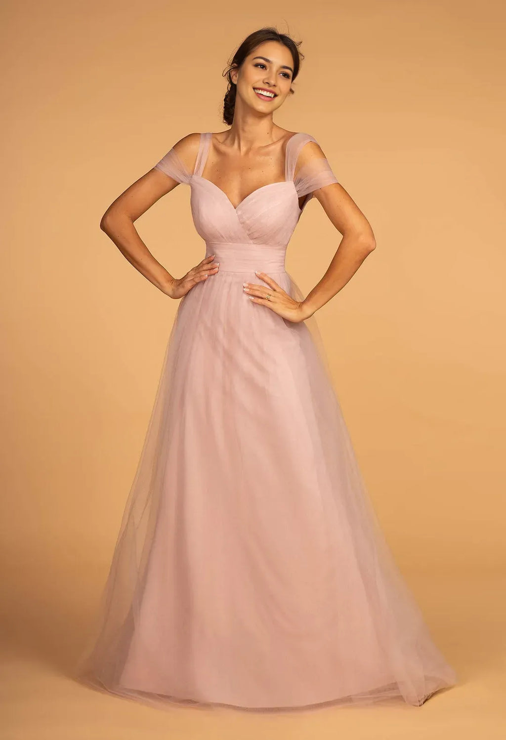 Blush Pink Prom Dress with Off Shoulder Sheer Sleeves Sweetheart Neckline Flowy A - Line Silhouette for Formal Occasions