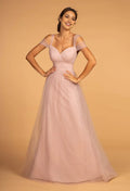 Blush Pink Prom Dress with Off Shoulder Sheer Sleeves Sweetheart Neckline Flowy A - Line Silhouette for Formal Occasions