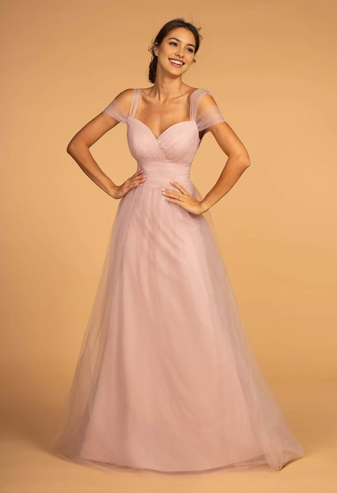 Blush Pink Prom Dress with Off Shoulder Sheer Sleeves Sweetheart Neckline Flowy A - Line Silhouette for Formal Occasions