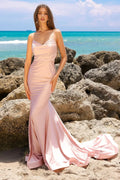 Blush Mermaid Prom Dress with Cowl Neckline and Train for Coastal Glamour