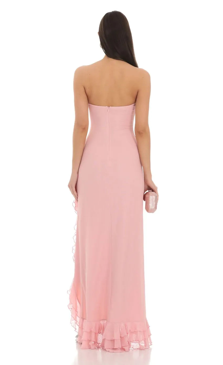 Blush Strapless Gown Ruffled Slit Hem Bodycon Silhouette Shine at Prom