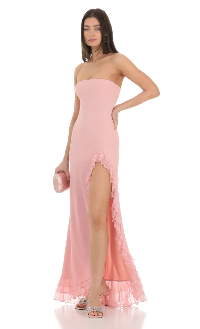 Blush Strapless Gown Ruffled Slit Hem Bodycon Silhouette Shine at Prom