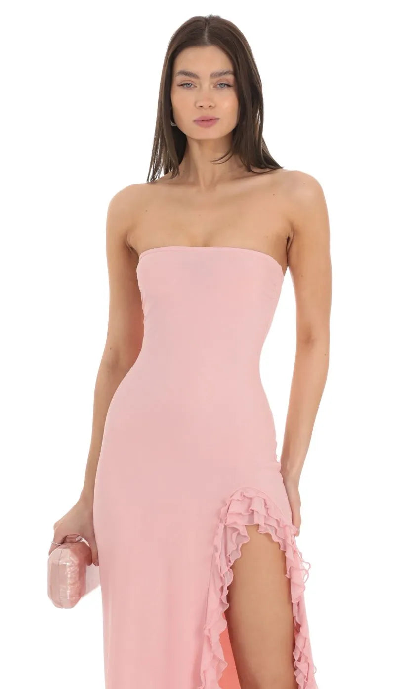 Blush Strapless Gown Ruffled Slit Hem Bodycon Silhouette Shine at Prom