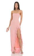 Blush Strapless Gown Ruffled Slit Hem Bodycon Silhouette Shine at Prom