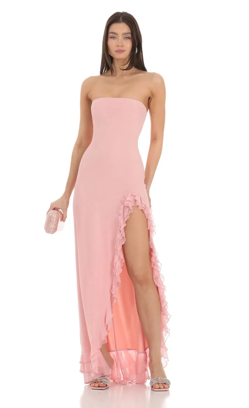 Blush Strapless Gown Ruffled Slit Hem Bodycon Silhouette Shine at Prom