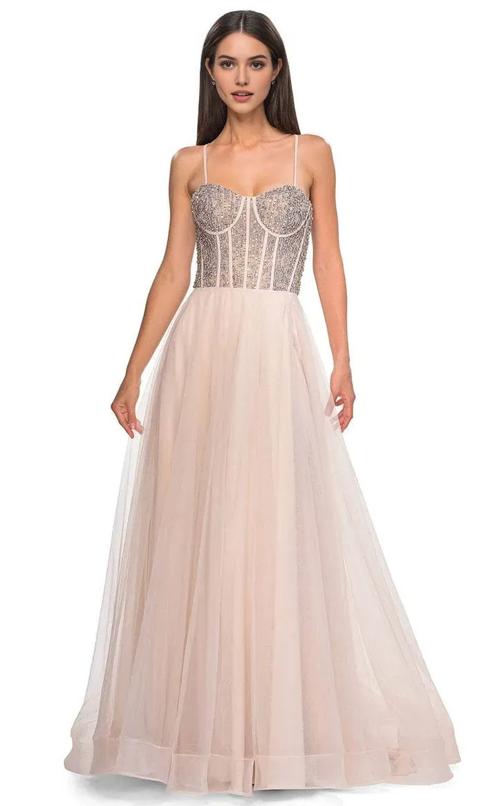 Blush Prom Gown with Intricate and Corset Bodice for Formal Occasions